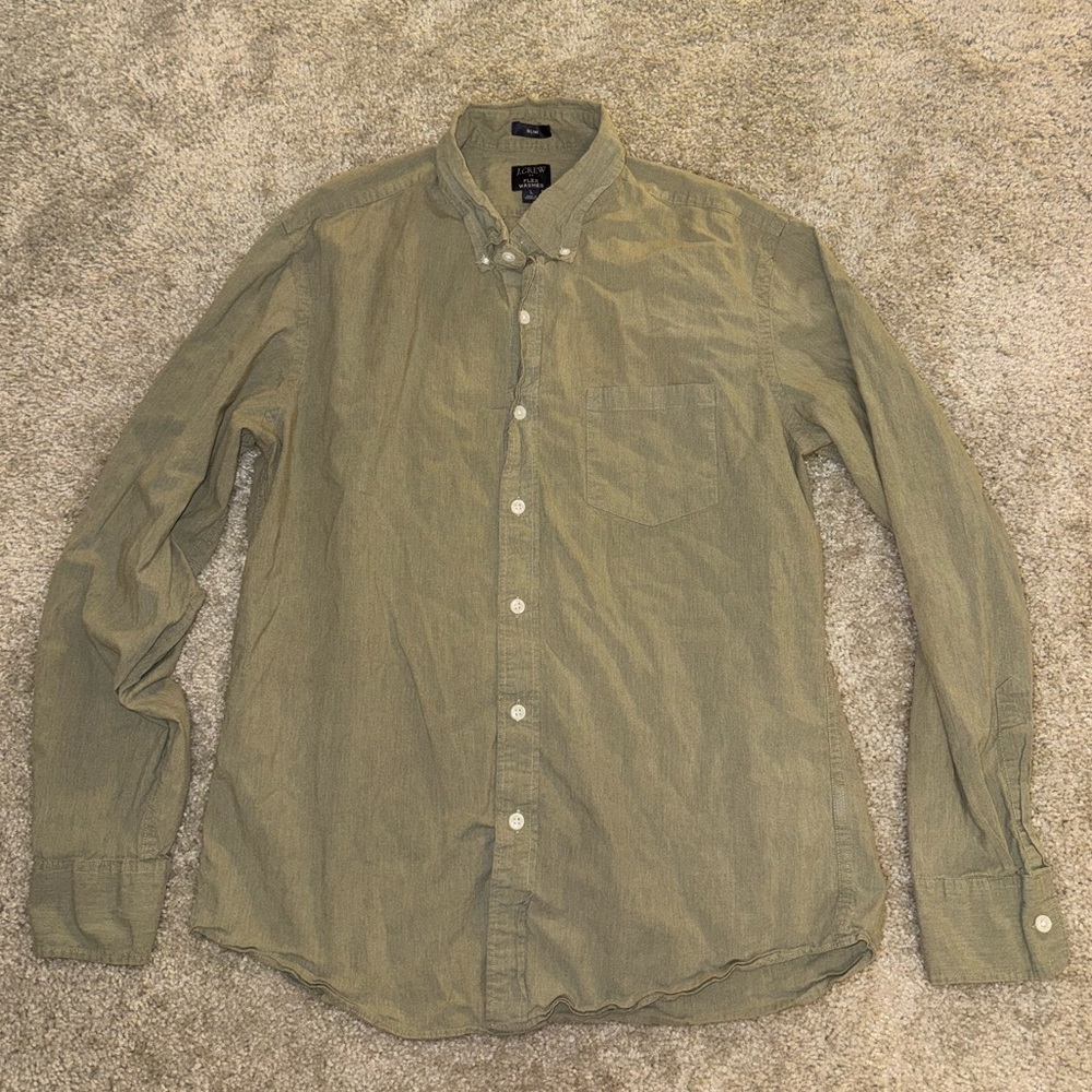J Crew Flex Washed Slim Fit Button Down Shirt Size Large Green